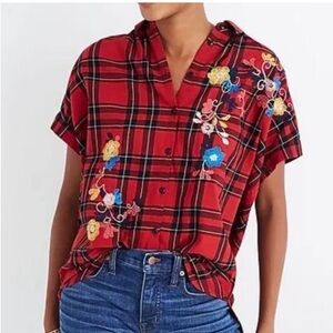 Madewell Embroidered Floral Plaid Red Women's Top